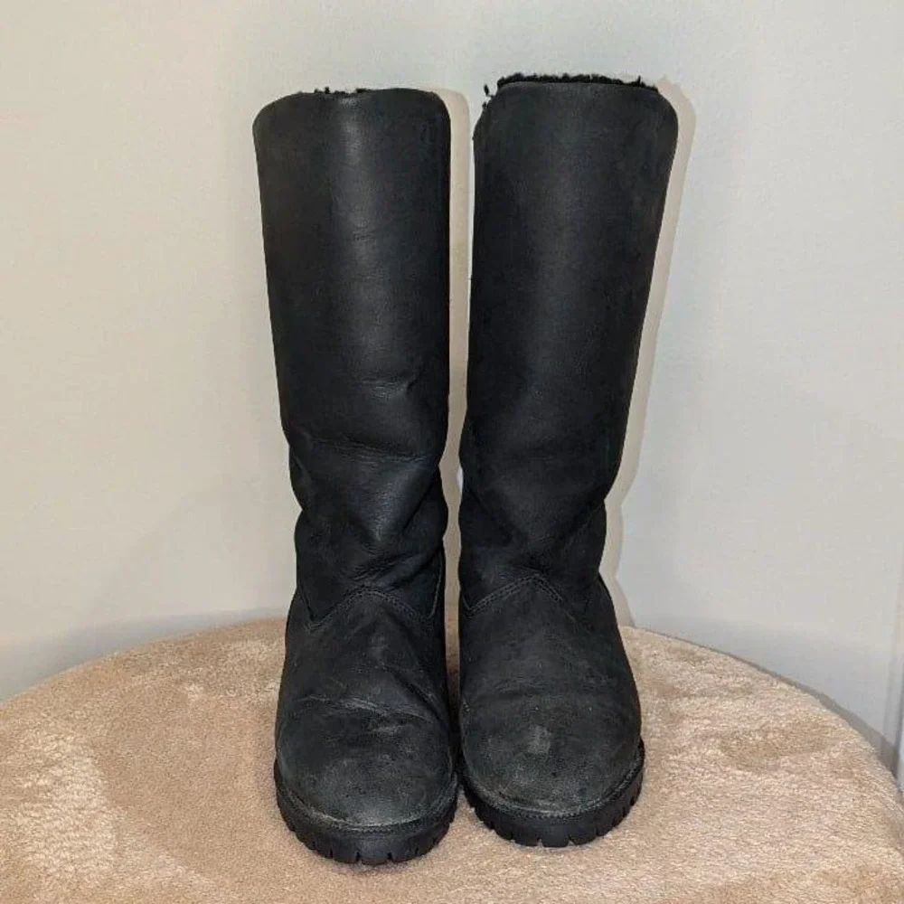 Boho Moto Black Slouch‎ Leather Tall Boots Sandra Miller Vintage Women's 8.5